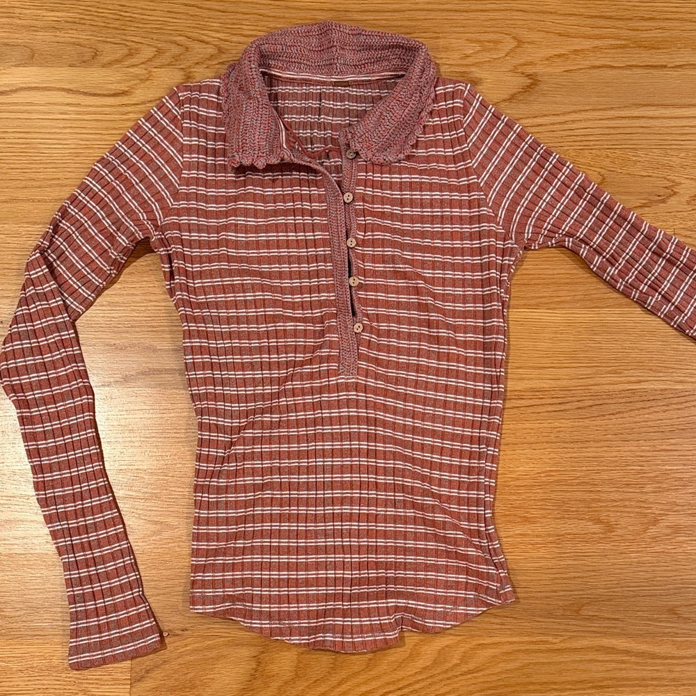 Free People Striped Long Sleeve Collared Shirt